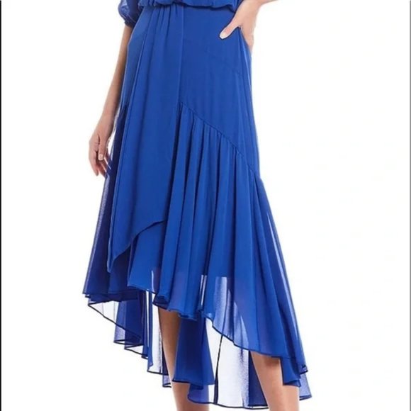 Taylor Elbow Sleeve V-Neck Waist Tie Solid High-Low A-line Chiffon Dress - Picture 5 of 13